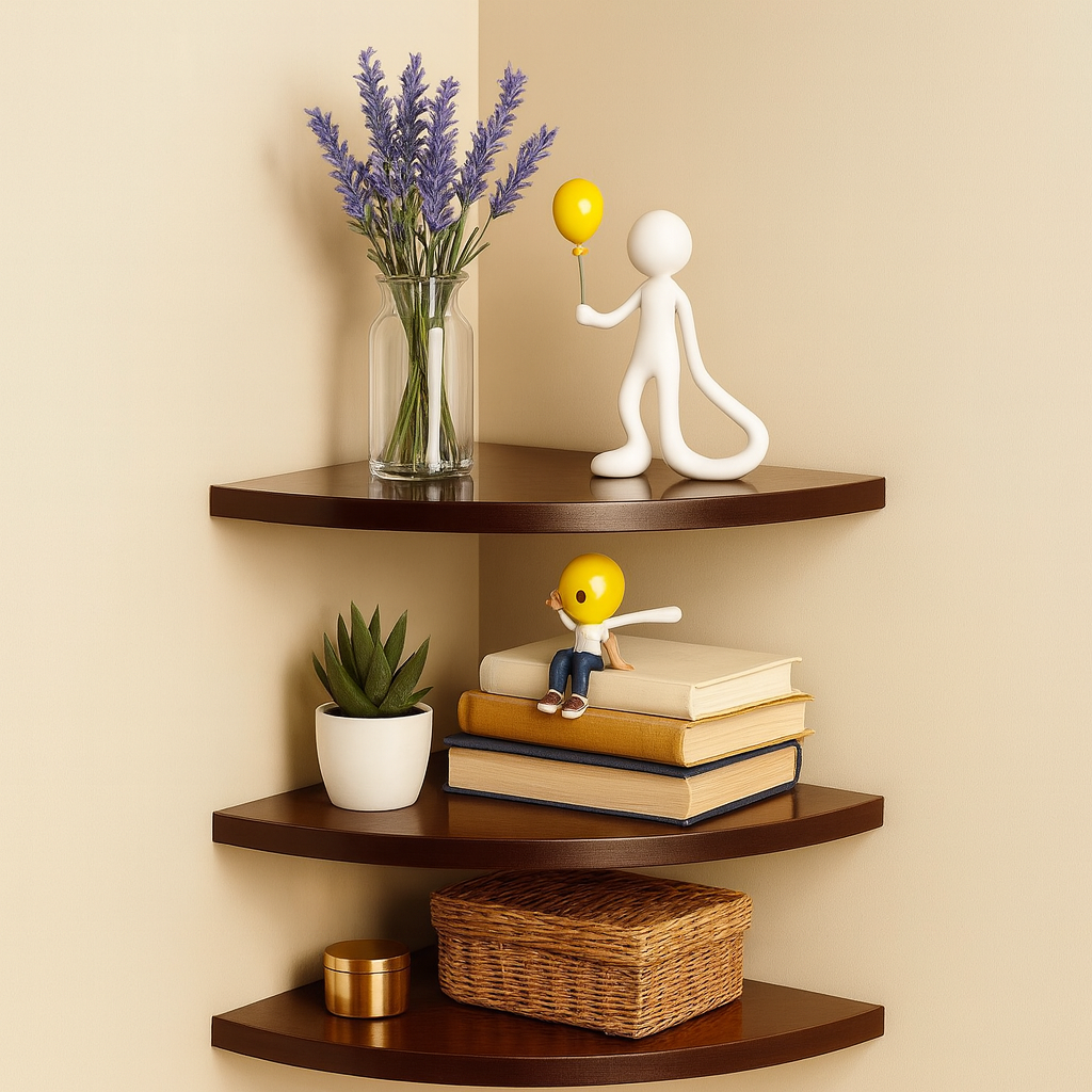 Modern Wooden Corner Wall Shelf Space Saving Floating Shelves for Home & Office MDF (Medium Density Fiber), Wooden Wall Shelf  (Number of Shelves - 3, Brown)